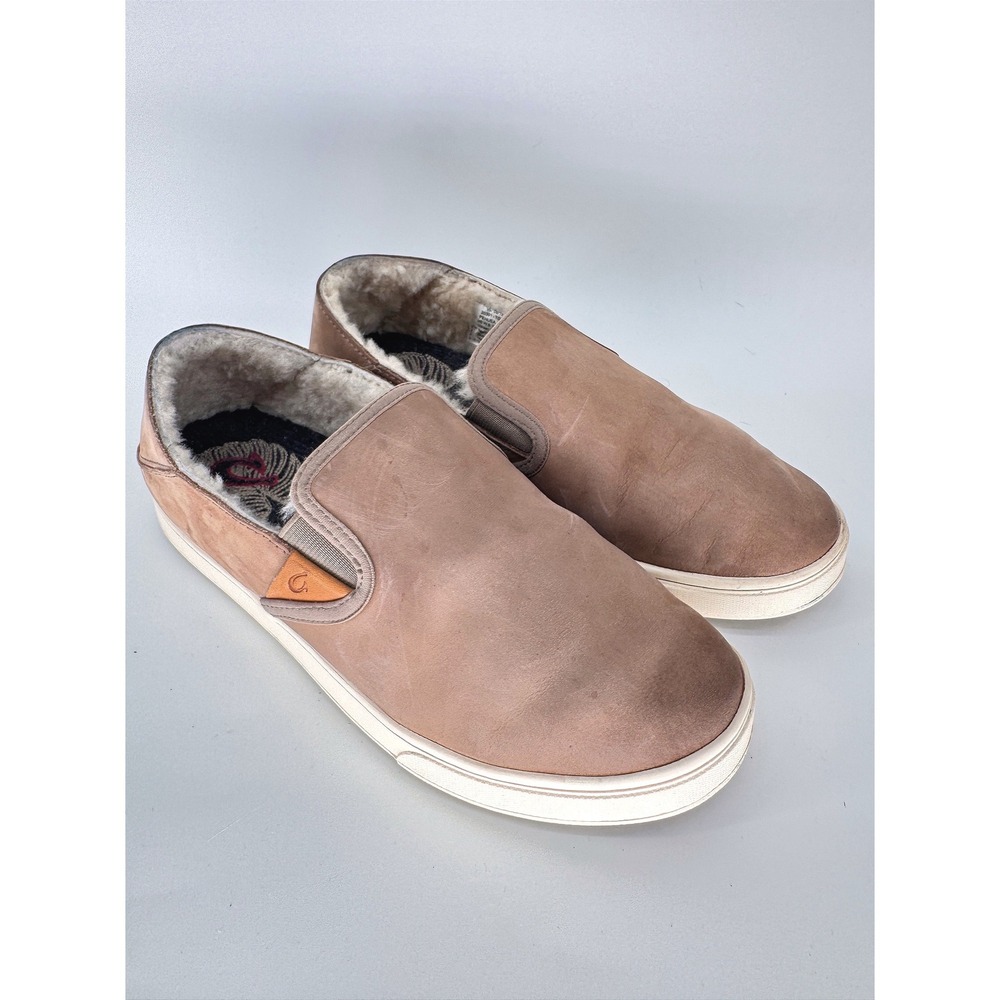 OluKai Pehuea Heu Womens 8 Tan Nubuck Leather Shearling Slip On Comfort Shoes
